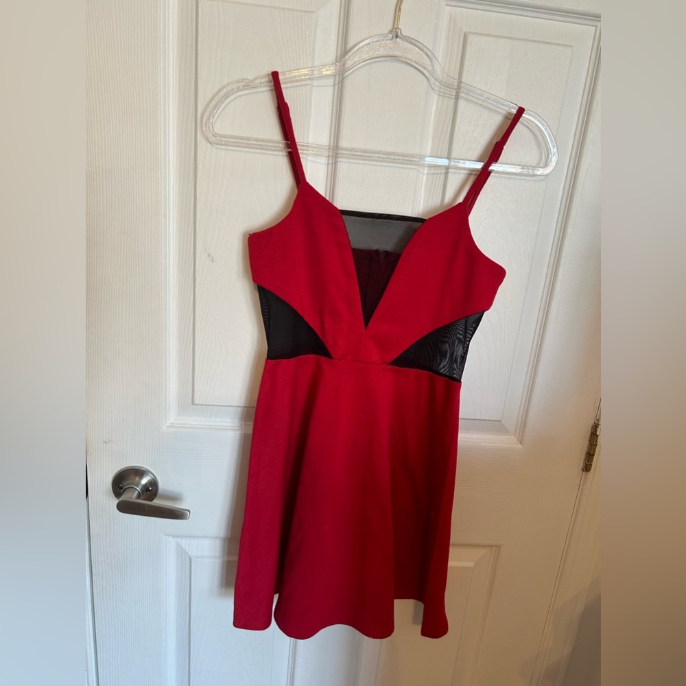Red mini dress with black mesh